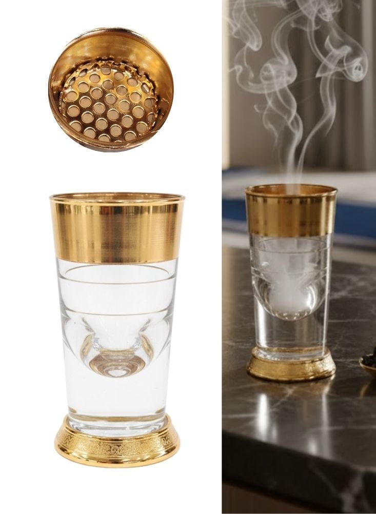 Premium Glass & Gold Bakhoor Burner with Perforated Brass Top – 1 Pc Traditional Oud Incense Holder - Image 1